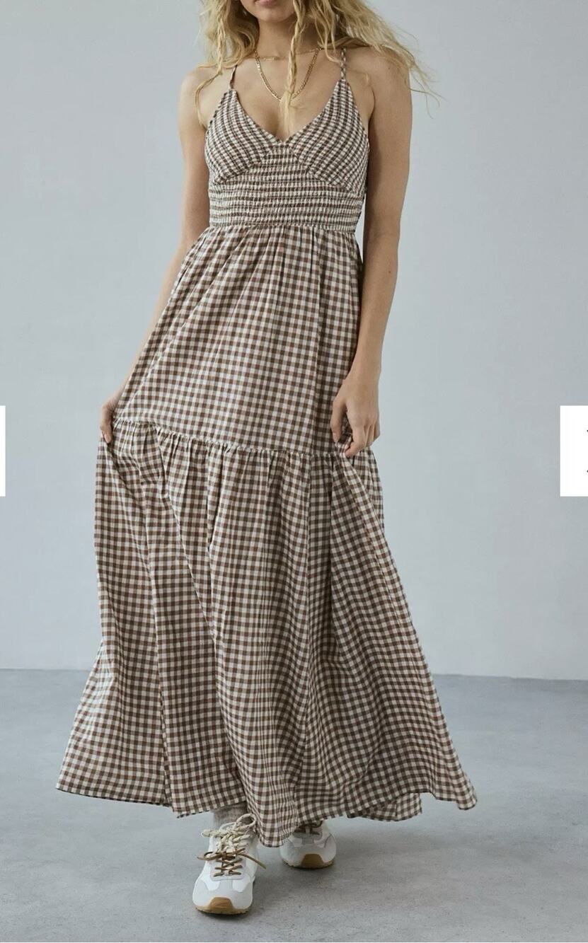 Kimchi Blue Princes Plaid Dress Brown Md Cotton Cottagecore